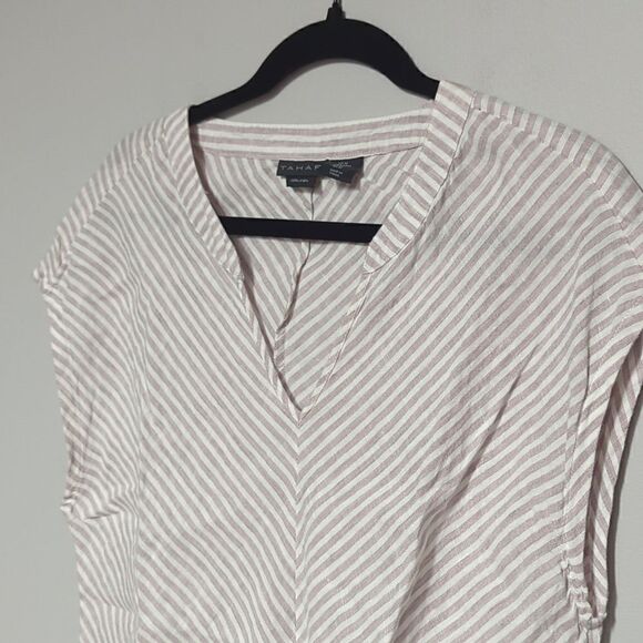 Tahari Blush Pink Striped Cap Sleeve Linen Blouse - Picture 2 of 5